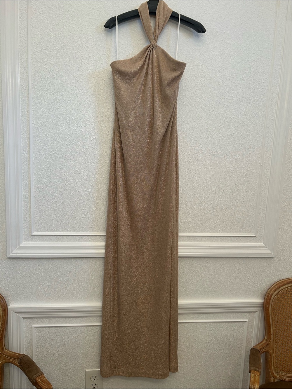 Cashe’ size 12 Elegant Metallic Tan Halter Gown